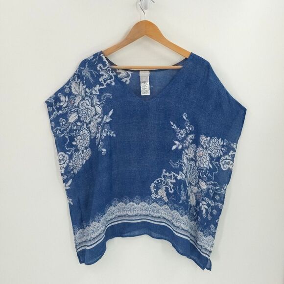 Chicos 100% Linen Floral 2-Way Poncho Top Flowy Boho Blouse Coastal Beach - Picture 2 of 12